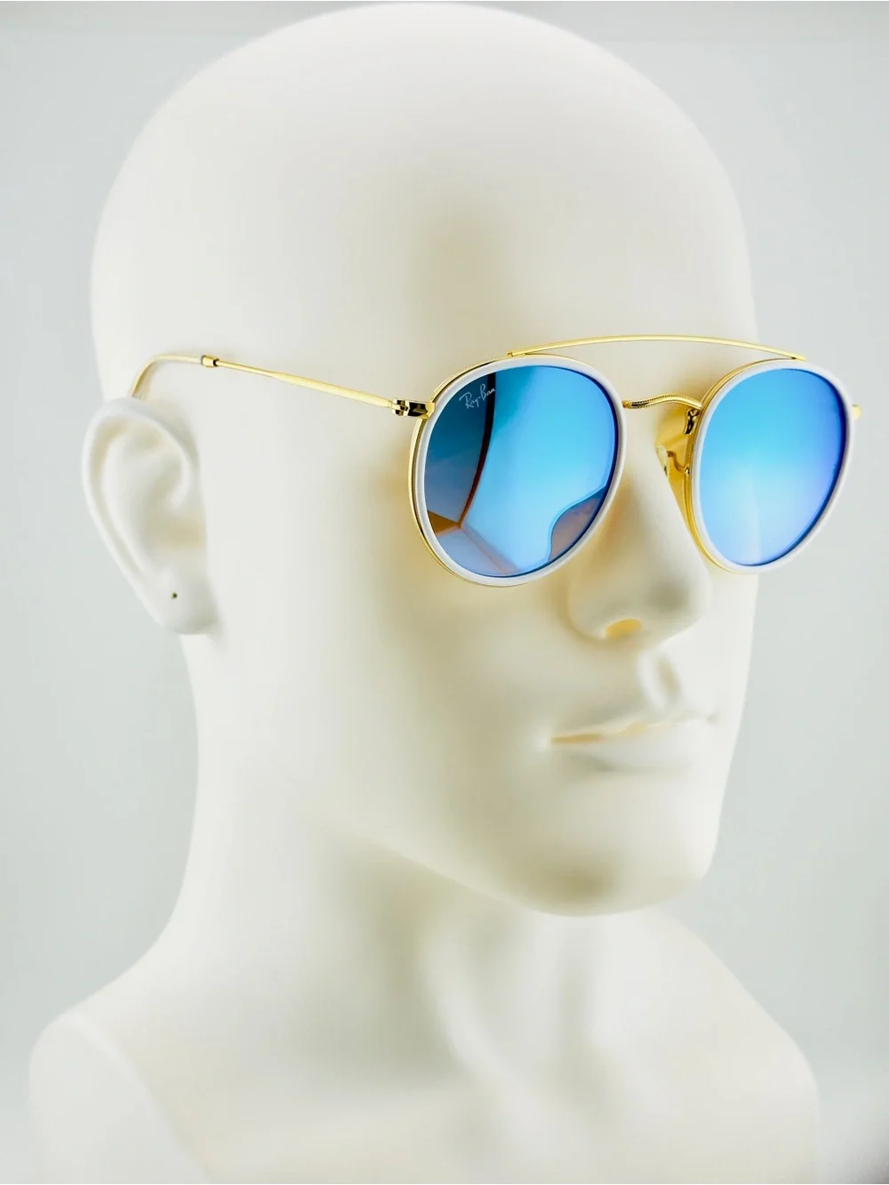 Ray-Ban Round Double Bridge Sunglasses RB3647N Gold Frame with Blue Mirror Lens